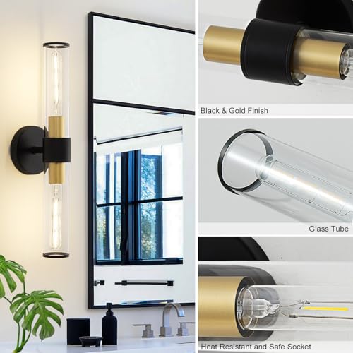 Hardwired Black Gold Vanity Light Clear Glass Wall Sconce