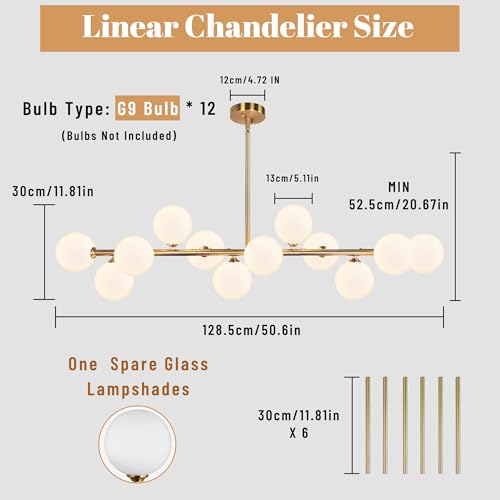 Gold Linear Chandelier 12 Lights Dining Room Light Fixture Kitchen Lighting