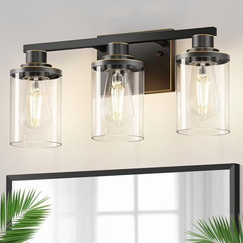 20 Inch 3 Light Black with Gold Trim Bathroom Light Fixture