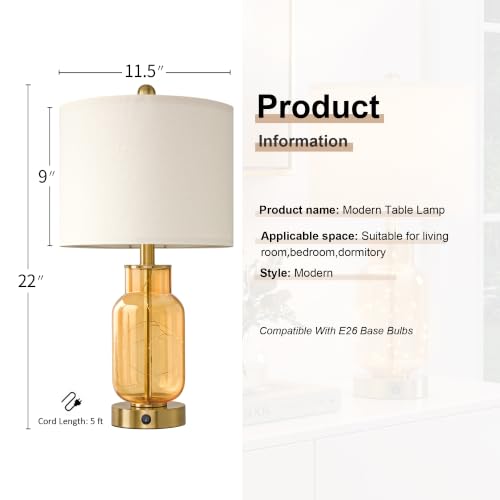 22" Glass Table Lamps Set of 2 with Night Light for Bedroom
