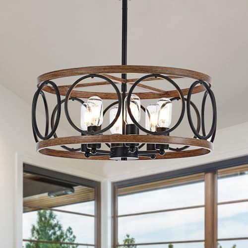 19.7" 6 Light Black Farmhouse Drum Pendant Light for Dining Room