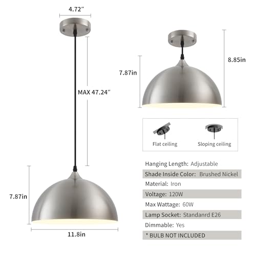 Brushed Nickel Industrial Pendant Light 11.8inches 2 Packs (2 Count)