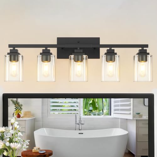 Matte Black Bathroom Light Fixtures (Black-Clear Shade / 5-Light)