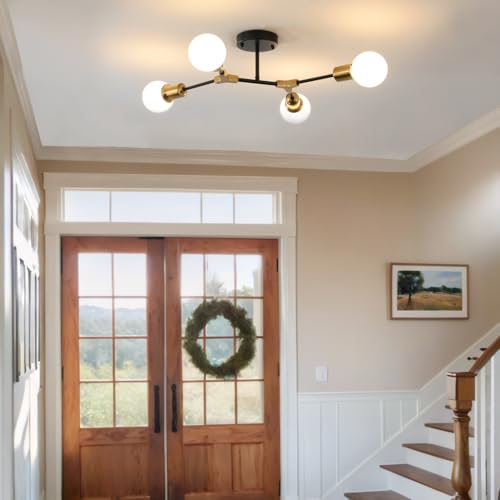 Modern Gold and Black Sputnik Semi Flush Mount Ceiling Light Fixture