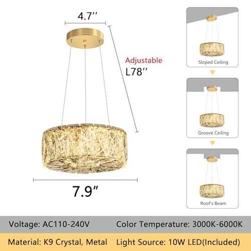 Modern Crystal Chandelier for Dining Room Dimmable LED Pendant Ceiling Light Fixtures with Remote for Entrance Bedroom Kitchen Island Gold