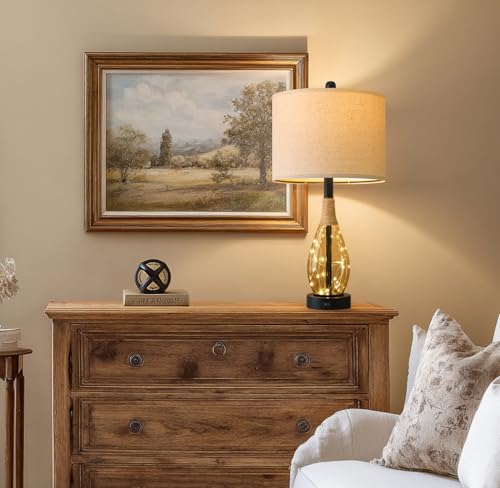 23" Table Lamps for Living Room Set of 2 Bedside Lamps for Night Stands Bedroom Lamps Farmhouse Rattan Boho Lamp Glass Nightlight End Table Lamp