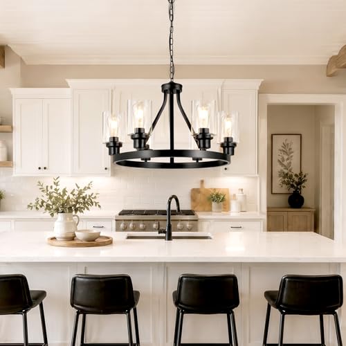 6 Light Farmhouse Chandelier Light Fixture Dining Room Lighting Fixtures Hanging Wagon Wheel Chandelier Kitchen Island Pendant Lights Modern Black Industrial Rustic Adjustable Height Metal