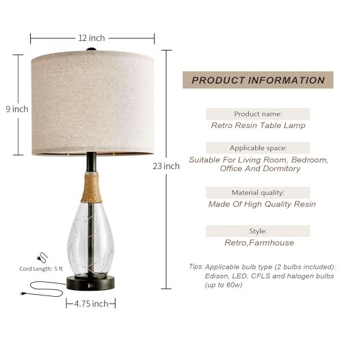 23" Table Lamps for Living Room Set of 2 Bedside Lamps for Night Stands Bedroom Lamps Farmhouse Rattan Boho Lamp Glass Nightlight End Table Lamp with USB C+A (2 Count)