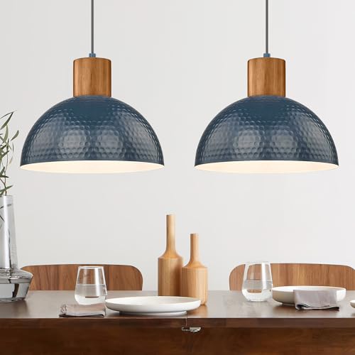 Modern Hammered Pendant Light Fixtures with 12" Metal Shade Solid Wood Dome Hanging Pendant Light for Farmhouse Kitchen Island Dining Room Sink Bedroom Hallway Medium 2 Pack Blue (2 Count)