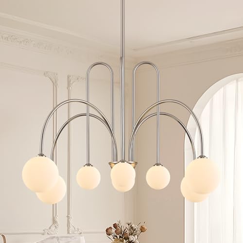 Nickel Sputnik Chandelier with Milk Glass Globe 8 Lights L41 Inch