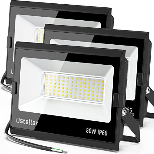 80W LED Flood Lights Outdoor Hardwired Security Light IP66 Waterproof 5000K (3 Count)
