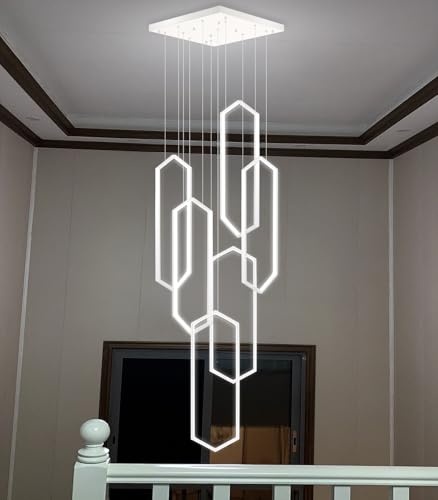 Modern Chandelier LED Dimmable Light for Staircase Living Room Entrance High Ceiling Chandeliers with Remote Control for Villa Foyer White