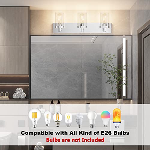 Chrome Vanity Light for Bathroom 3 Light Farmhouse Bathroom Lights Fixtures Over Mirror with Clear Glass Shade