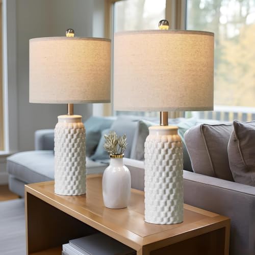 24" Modern Ceramic White Bedside Lamp Set of 2 Table Lamp for Bedroom Decor Farmhouse Table Lamp for Living Room Office Dorm (2 Count)
