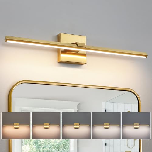 Gold LED Bathroom Vanity Light 24 Inch 18W Dimmable 5CCT Bathroom Lighting Fixtures Over Mirror Modern Brushed Gold Vanity Lights Bar for Bathroom Mirror Cabinets Bedroom
