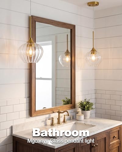 2 Pack Brushed Gold Pendant Lights Kitchen Island with Ribbed Glass Shade (2 Count)