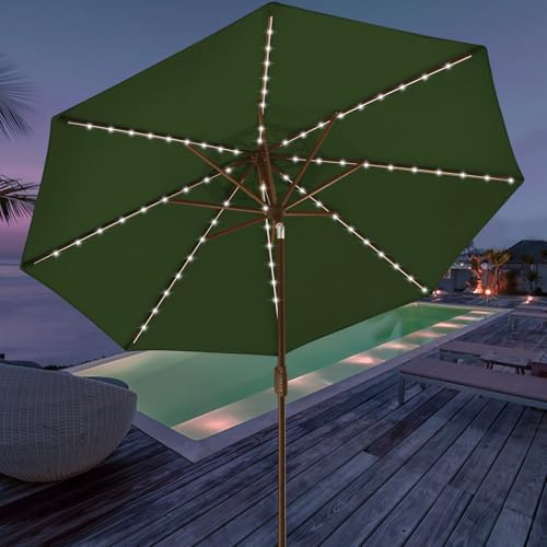 USA 10-Year-Non-Fading 9ft Market Patio Umbrella, Commercial Grade Table Sun Umbrella with 80 Solar LED Lights, Crank Open, Windproof & UPF 50+ UV Protection for Garden, Deck, Pool, Backyard, Fern