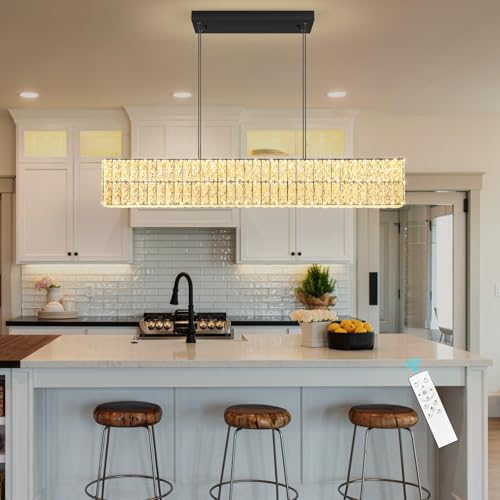 Glam Crystal Chandelier Modern Dimmable Crystal Chandeliers LED Rectangular Ceiling Light Fixtures for Dining Room Living Black