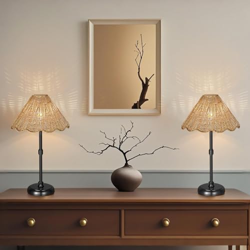 Cordless Boho Rattan Table Lamp Black
