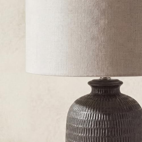 Home 24" Black Textured Ceramic Table Lamp with Tan Linen Shade