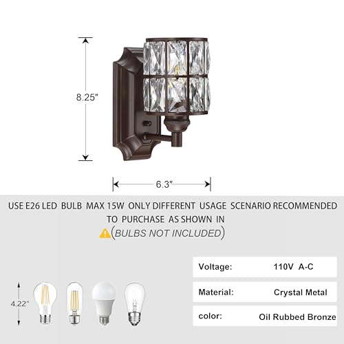 1 Light Crystal Modern Oil Rubbed Bronze 2 Pack Wall Sconce Light Fixture (2 Count)