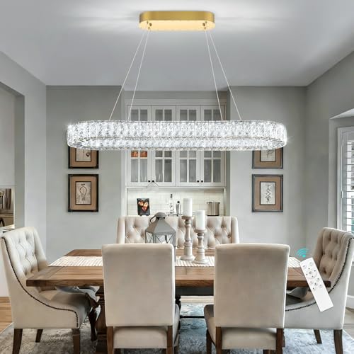 Oval Crystal Gold Chandelier Modern Dimmable LED Chandeliers for Dining Room Rectangular Light Fixture with Remote for Living Room Kitchen Light