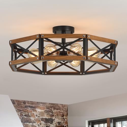 8 Light Large Rustic Farmhouse Wood Flush Mount Ceiling Light Fixture 24 inch Oak Wood and Metal Cage Semi Flush Mount Ceiling Light for Entry Cabin Dining Farmhouse Bedroom Living Room