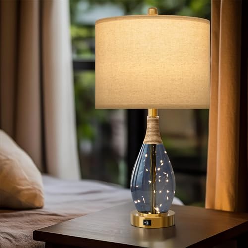 23" Table Lamps for Living Room Set of 2 Bedside Lamps for Night Stands Bedroom Lamps Farmhouse Rattan Boho Lamp Glass Nightlight End Table Lamp with USB C+A (2 Count)