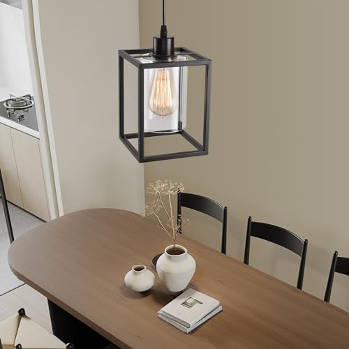 Black Pendant Lights for Kitchen Island Industrial Lantern Pendant Light Fixtures with Clear Glass Shade (2 Count)