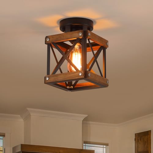Rustic Farmhouse Wood Flush Mount Ceiling Light Fixture Oak Wood and Metal Square Cage Small Semi Flush Mount Ceiling Light for Kitchen Hallway Entry Bedroom Country Farmhouse