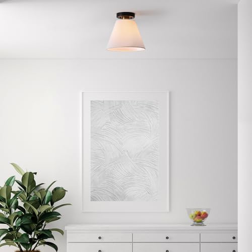 1-Light Semi-Flush Mount Ceiling Light, Matte Black with Matte Brass Accent, White Linen Shade, Dimmable, E26 Base, Transitional Style, 66000137