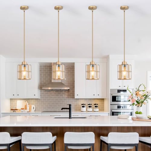 Farmhouse Brass Pendant Light Fixtures with Amber Glass (2 Count)