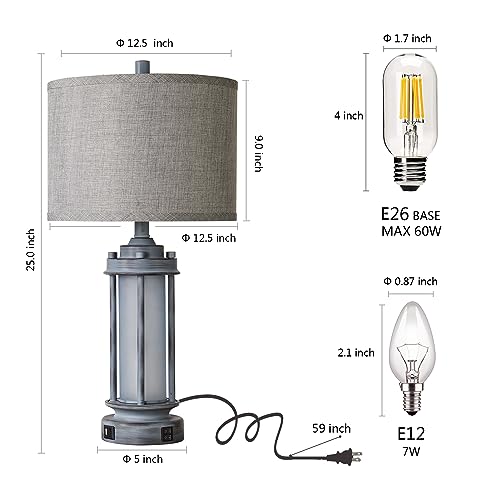 Set of 2 Rustic Table Lamps for Living Room with 2 USB C+A Ports (2 Count)