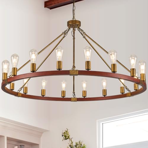 Farmhouse Wagon Wheel Chandelier 47" Rustic Gold Chandelier for Dining Room