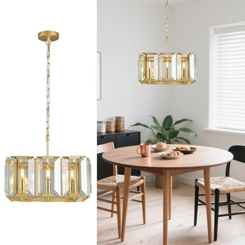 Gold Modern Crystal Chandeliers Rectangle Farmhouse Pendant Light Semi Flush Mount Ceiling Light Fixture for Bedroom Dining Room Kitchen Island Living Room Foyer Hallway