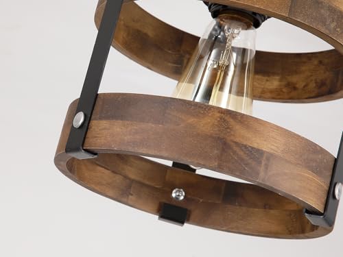 Rustic Farmhouse Wood Flush Mount Ceiling Light Fixture Oak Wood and Metal Round Cage Small Semi Flush Mount Ceiling Light for Kitchen Hallway Entry Bedroom Country Farmhouse