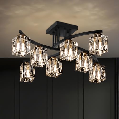 8 Light Modern Sputnik Ceiling Light Fixture Farmhouse Crystal Semi Flush Mount Ceiling Light Black and Gold Chandeliers for Dining Room Living Room Kitchen Island Bedroom Entryway
