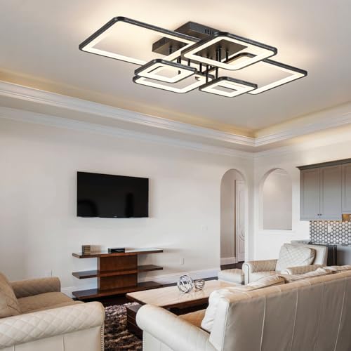 Modern LED Ceiling Light Fixture Black Kitchen Lighting Fixtures Ceiling for Bedroom 31.5" Dimmable 6 Ring Square Ceiling Light for Kitchen with Remote Control for Living Room
