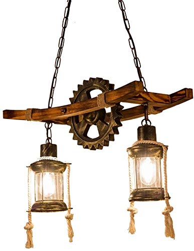 Wood Retro Pendant Lighting Industrial Vintage Chandelier Black Metal Bedroom Restaurant Suspension Lamp Cage Frame with Glass Shade House Loft Bar Coffee Decoration Ceiling Lights Fitting