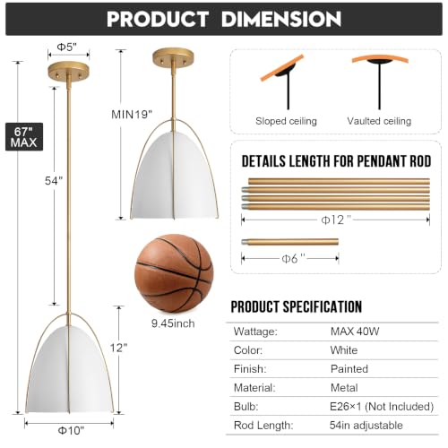 10in Dome Pendant Light White Kitchen Island Pendant Lighting Modern White & Gold Pendant Lights Fixture for Dining Room Kitchen Sink