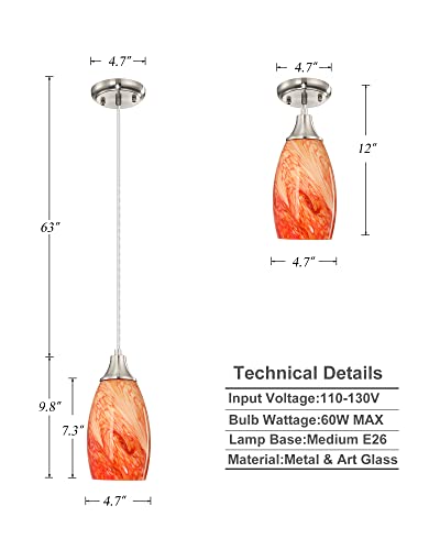 Art Glass Mini Pendant Lights Kitchen Island Marble Glass Pendant Light Shade with Brushed Nickel Finish Ceiling Hanging Lights for Kitchen Over Sink