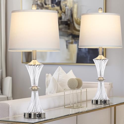 Crystal Glass Table Lamp Set of 2 With USB C+A Ports & AC Outlet (2 Count)
