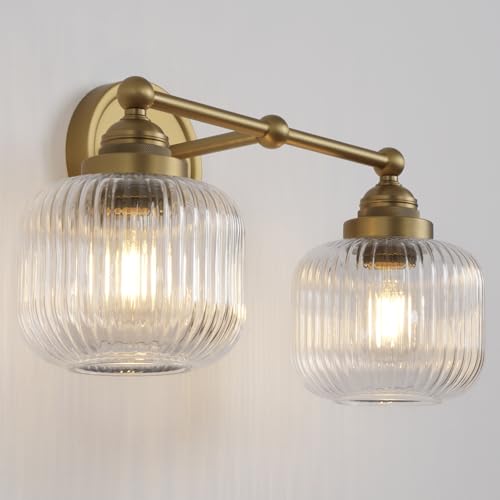 Vintage 2 Lights Clear Ribbed Glass Wall Sconce Lighting Brass Finished