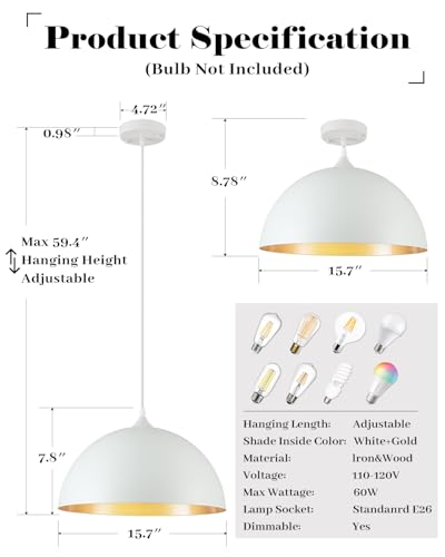 White and Gold Dome Pendant Light (2 Count)