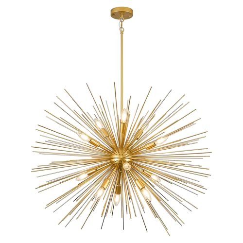35in Gold Sputnik Chandelier 12 Light Starburst Light Fixture Solid Metal