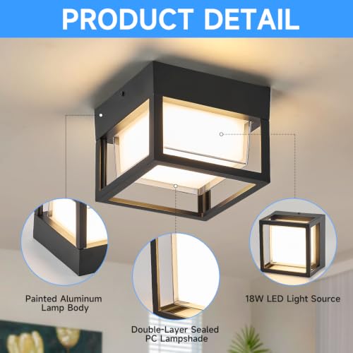 Black Square Porch LED Ceiling Flush Mount Lights
