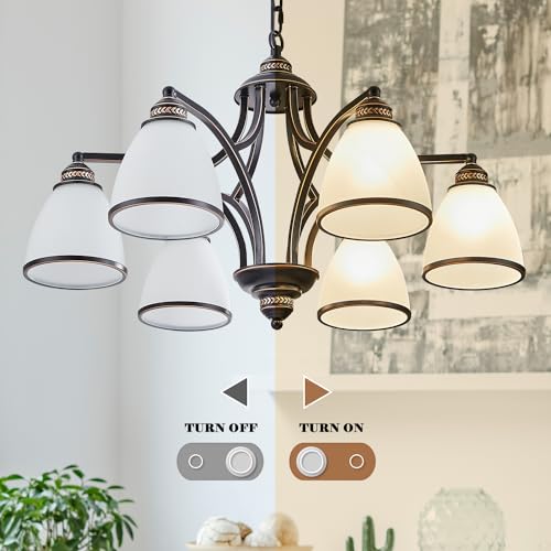6 Light Chandeliers for Dining Room with Frosted Glass Black and Gold Strokes Modern 30’’Ceiling Hanging Light Fixtures Classic Pendant Lighting for Kitchen (6 Count)
