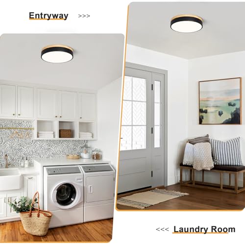 Dimmable LED Wood Black Round Flush Mount Ceiling Light 11.81 Inch