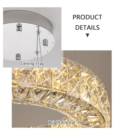 Modern Chandelier for Dining Room Dimmable LED Pendant Lights for Kitchen Island Lighting Silver Ring Crystal Chandeliers for Bedroom Entrance Living Room