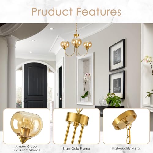 Mid Century Modern Globe Chandelier 3 Light Amber Glass Vintage Sputnik Chandeliers Gold Pendant Light Fixtures for Dining Room Kitchen Living Room Bedroom